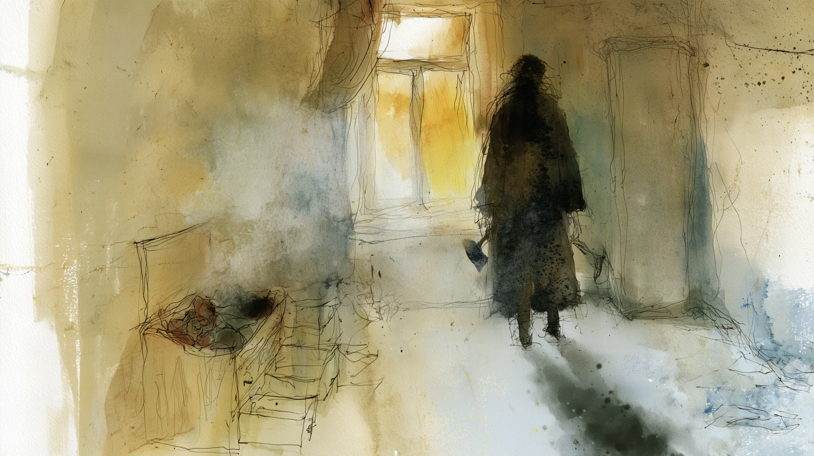 Rasko står med ryggen mot betraktaren som en mörk gestalt i ett tomt, dammigt rum, med yxan hängande i handen. Framför honom lyser ett fönster gult av solen. Illustration till Sagan om brott och straff.
