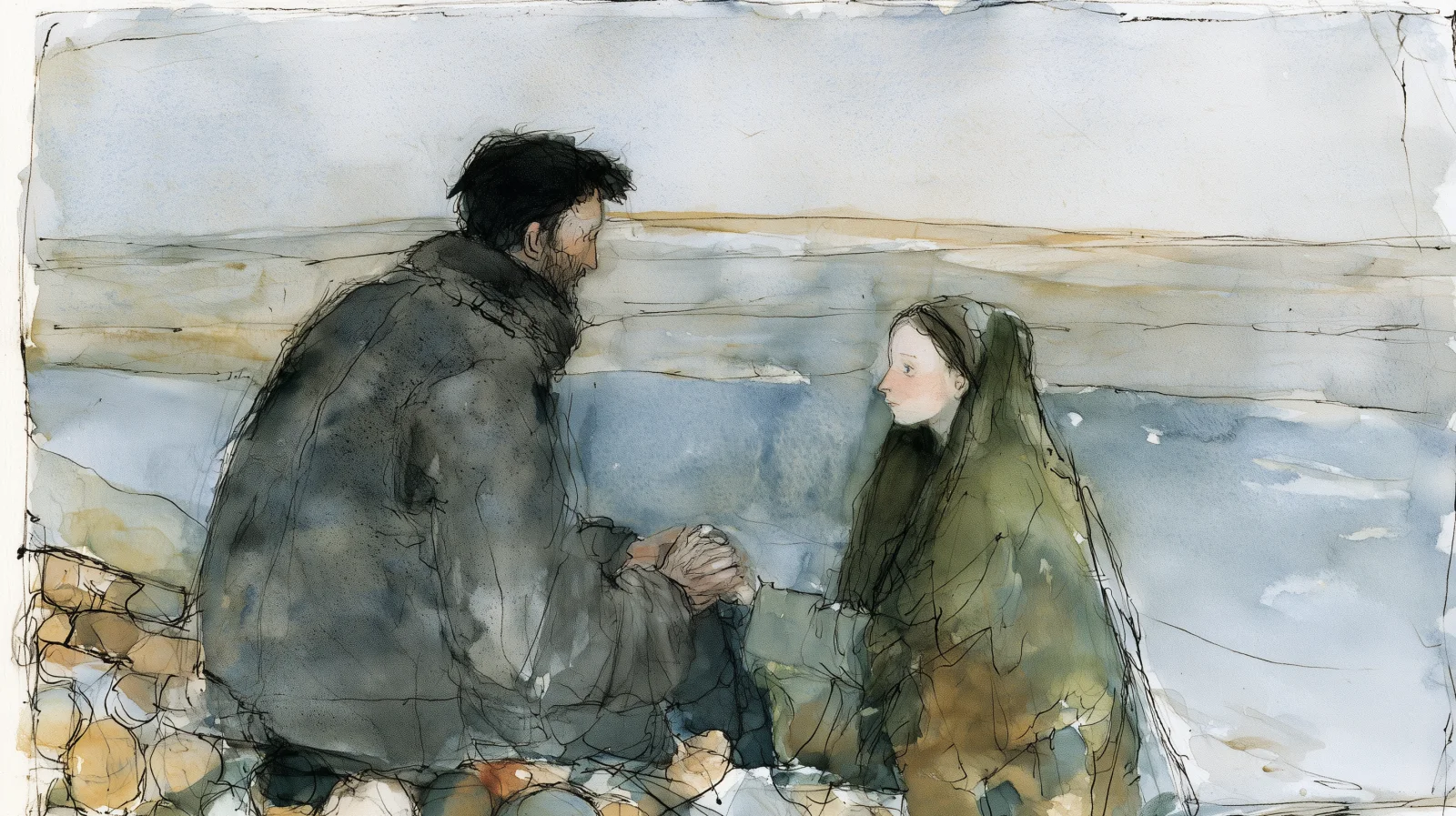 Rasko och Sonja sitter vid ett stort, stilla vatten och håller varandras händer. Han är vänd mot henne, och hon ser på honom under sin gröna sjal. Illustration till Sagan om brott och straff.