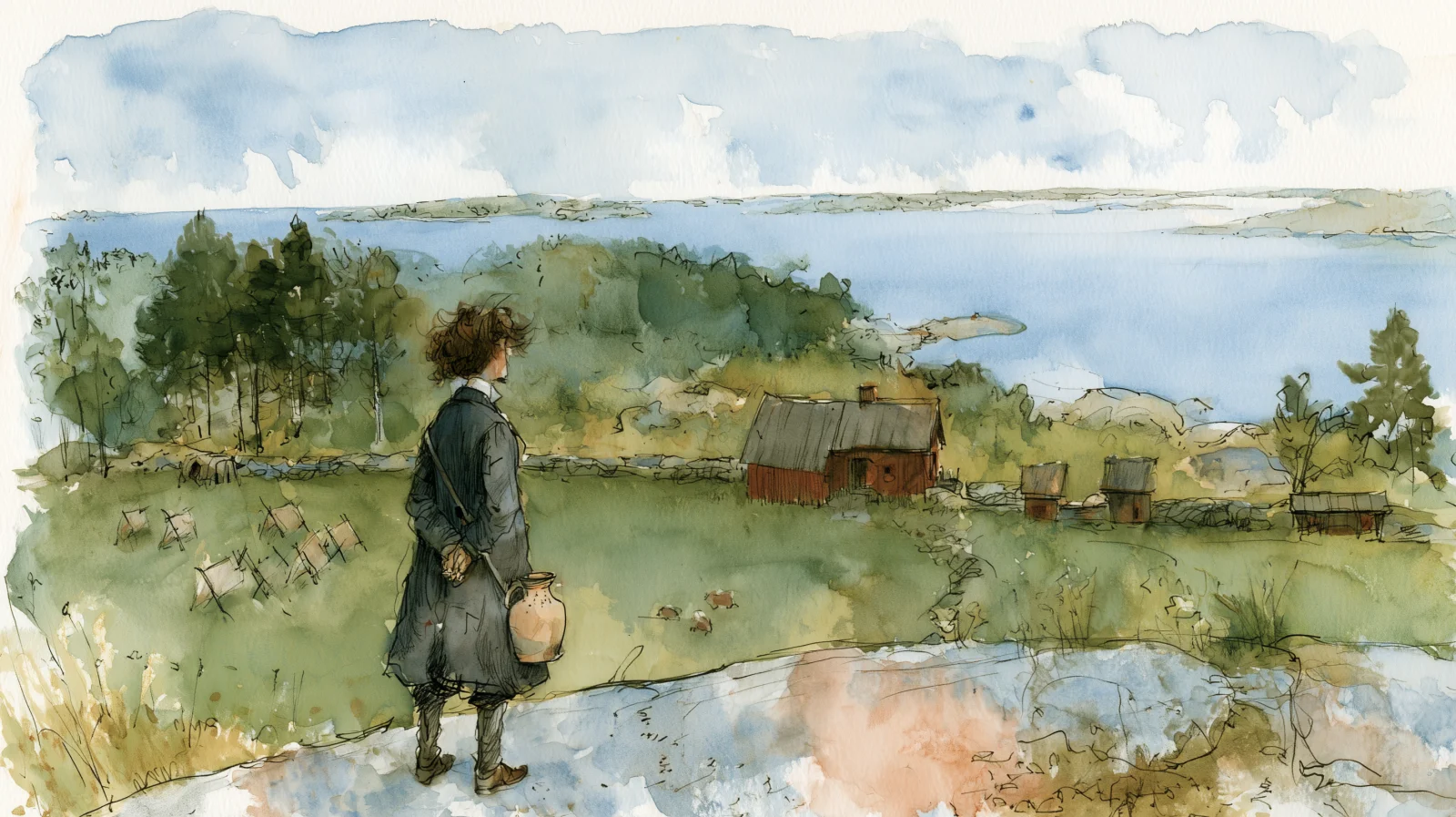 Carlsson sedd bakifrån ser ut över torp, ängar och skärgård. Illustration till Sagan om Hemsöborna.