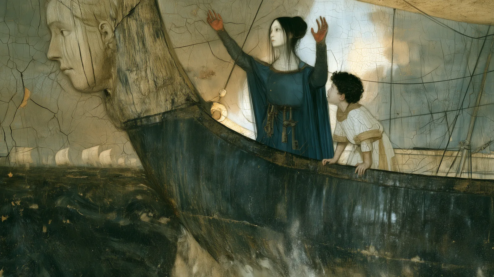 Målning i stil med en blekt, sprucken fresk, sedd nerifrån havet vid Argos stäv. Till vänster reser sig galjonsfigurens skurna träansikte i profil, fullt av sprickor. Vid relingen står Medea i mörkblå dräkt med båda armarna lyfta mot havet och åkallar det. Bredvid henne lutar sig en ung pojke i vit tunika med guldkant över relingen och ser förundrat upp på henne. Långt bort vid horisonten syns en flotta med vita segel. Illustration till Sagan om Jason och Medea av Christer Barregren.