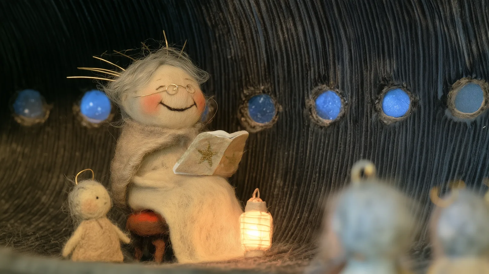 Inne i det svarta hålets mage, med väggar av mörk sammet och en rad runda fönster ut mot den blå rymden, sitter stjärnan på en liten pall. Hon har blivit en gammal mormor med runda glasögon, sjal och några böjda strålar av guldtråd kvar i håret. Hon skrattar med glada halvmånsögon medan hon läser högt ur en sagobok. En lykta bredvid henne lyser upp henne, och runt omkring sitter små stjärn- och planetbarn och lyssnar. Illustration till Sagan om stjärnan av Christer Barregren.