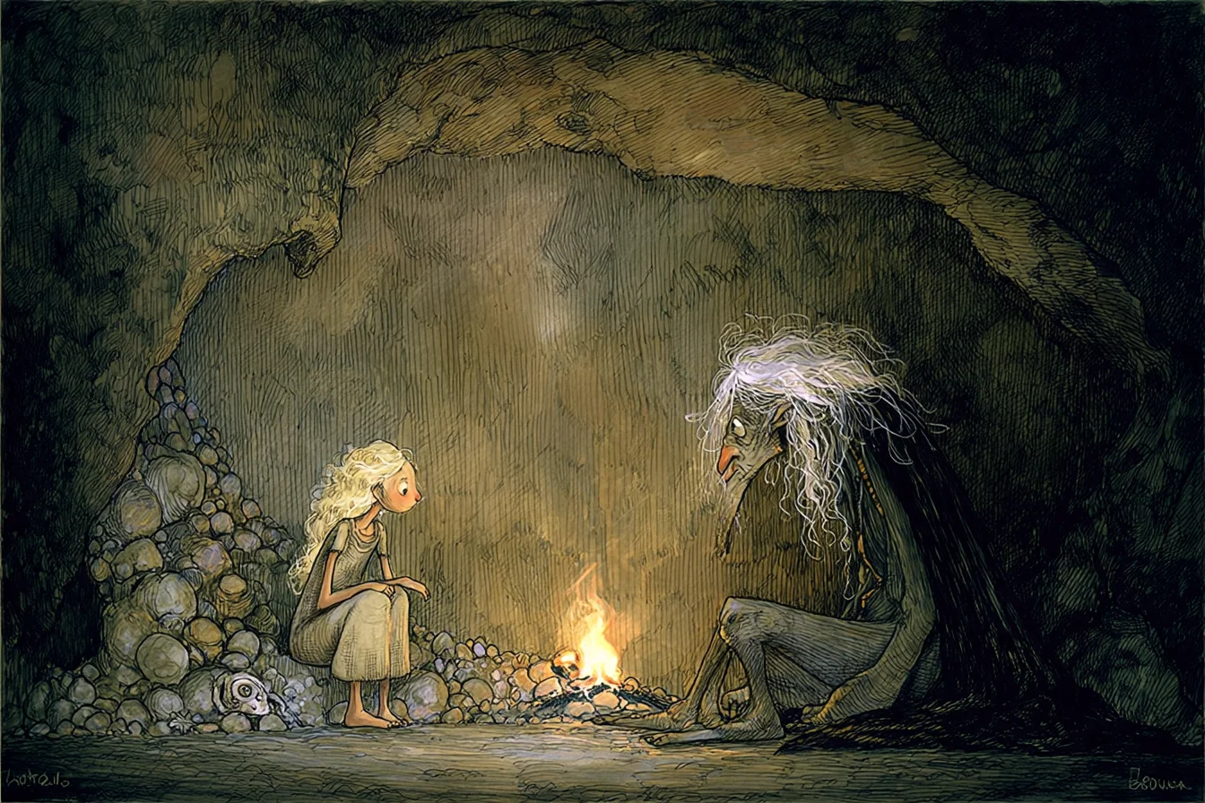 Trollmor och Tuvstarr talar i grottan